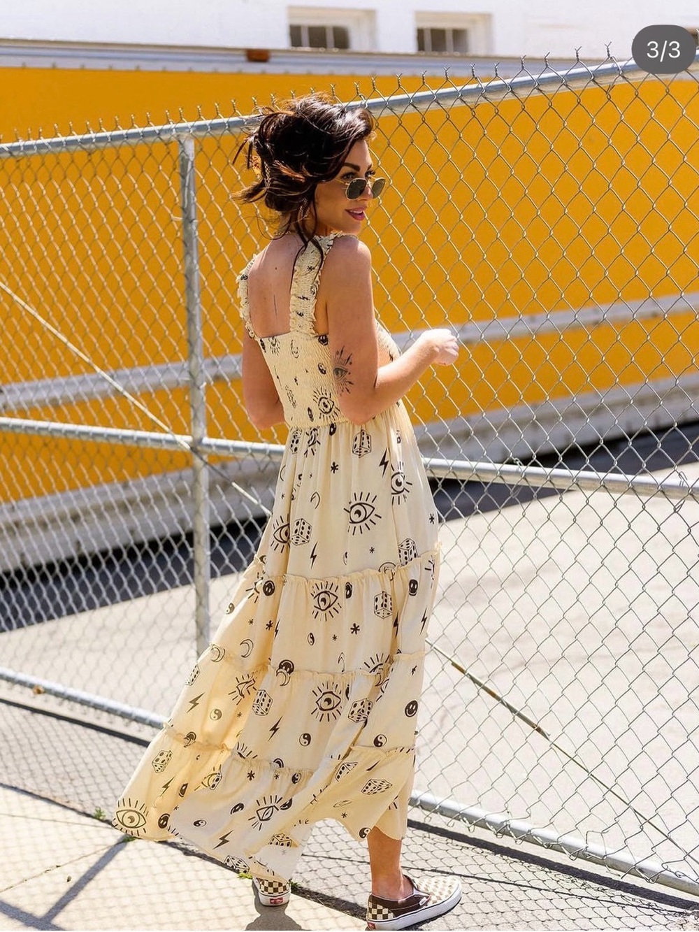 Dressed in LALA Rule Breaker Celestial Smocked Maxi Dress Buttercream/Black M - Picture 3 of 8
